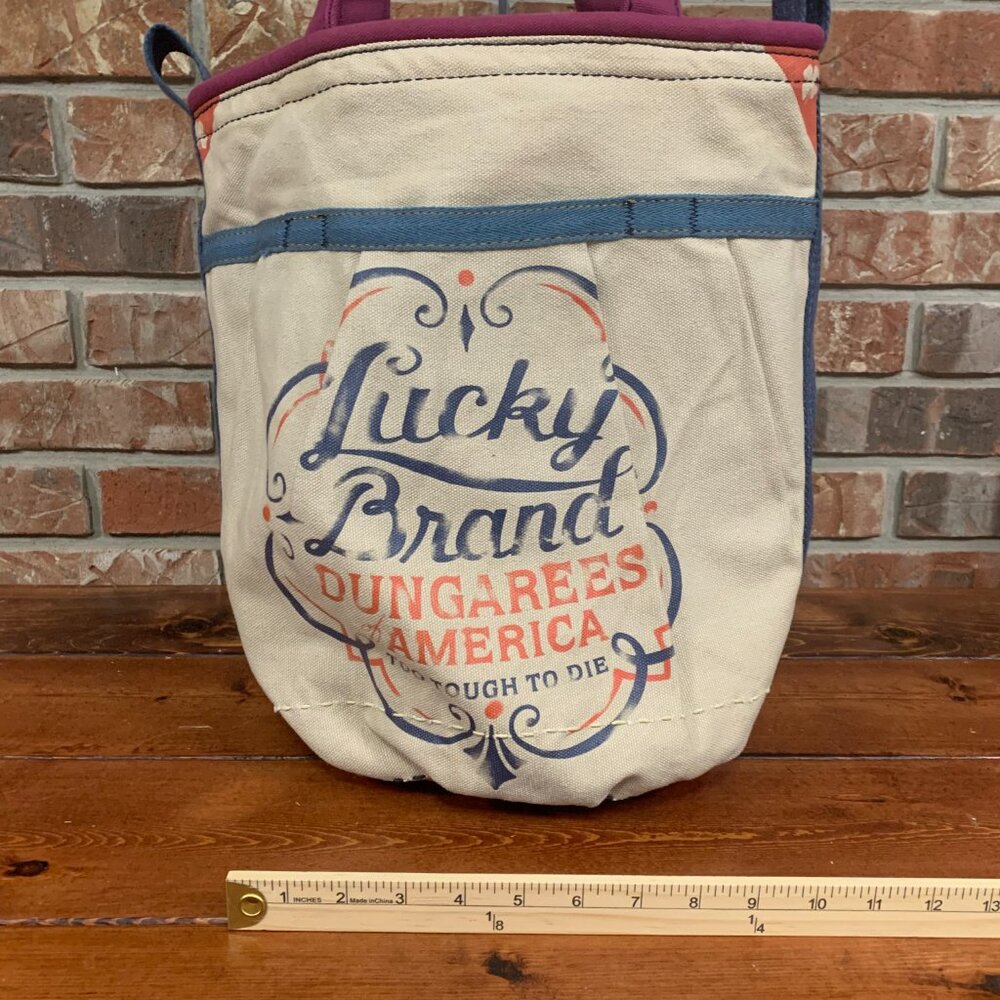 Lucky Brand Dungarees Large Cream Blue Women's Canvas Tote Bucket Bag GUC - Picture 9 of 11